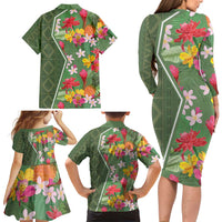 Africa Tropical Flowers Family Matching Long Sleeve Bodycon Dress and Hawaiian Shirt Green Version - Wonder Print Shop