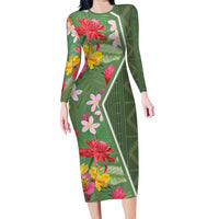 Africa Tropical Flowers Family Matching Long Sleeve Bodycon Dress and Hawaiian Shirt Green Version - Wonder Print Shop