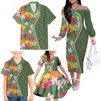 Africa Tropical Flowers Family Matching Off The Shoulder Long Sleeve Dress and Hawaiian Shirt Green Version - Wonder Print Shop