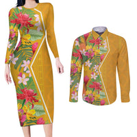 Africa Tropical Flowers Couples Matching Long Sleeve Bodycon Dress and Long Sleeve Button Shirt Yellow Version - Wonder Print Shop