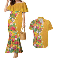 Africa Tropical Flowers Couples Matching Mermaid Dress and Hawaiian Shirt Yellow Version - Wonder Print Shop