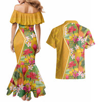 Africa Tropical Flowers Couples Matching Mermaid Dress and Hawaiian Shirt Yellow Version - Wonder Print Shop