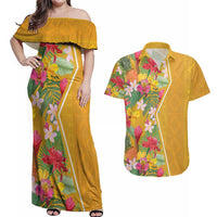 Africa Tropical Flowers Couples Matching Off Shoulder Maxi Dress and Hawaiian Shirt Yellow Version - Wonder Print Shop