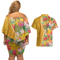 Africa Tropical Flowers Couples Matching Off Shoulder Short Dress and Hawaiian Shirt Yellow Version - Wonder Print Shop