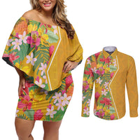 Africa Tropical Flowers Couples Matching Off Shoulder Short Dress and Long Sleeve Button Shirt Yellow Version - Wonder Print Shop