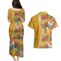 Africa Tropical Flowers Couples Matching Puletasi and Hawaiian Shirt Yellow Version - Wonder Print Shop