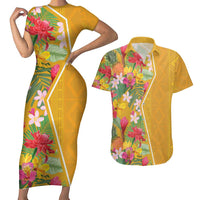 Africa Tropical Flowers Couples Matching Short Sleeve Bodycon Dress and Hawaiian Shirt Yellow Version - Wonder Print Shop