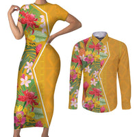 Africa Tropical Flowers Couples Matching Short Sleeve Bodycon Dress and Long Sleeve Button Shirt Yellow Version - Wonder Print Shop