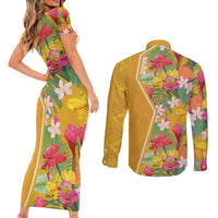 Africa Tropical Flowers Couples Matching Short Sleeve Bodycon Dress and Long Sleeve Button Shirt Yellow Version - Wonder Print Shop