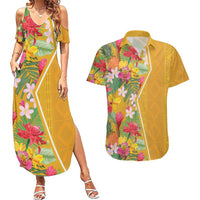 Africa Tropical Flowers Couples Matching Summer Maxi Dress and Hawaiian Shirt Yellow Version - Wonder Print Shop