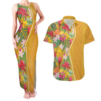 Africa Tropical Flowers Couples Matching Tank Maxi Dress and Hawaiian Shirt Yellow Version - Wonder Print Shop