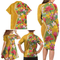Africa Tropical Flowers Family Matching Long Sleeve Bodycon Dress and Hawaiian Shirt Yellow Version - Wonder Print Shop