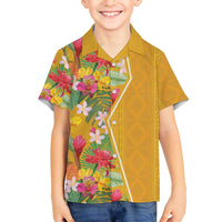 Africa Tropical Flowers Family Matching Off The Shoulder Long Sleeve Dress and Hawaiian Shirt Yellow Version - Wonder Print Shop