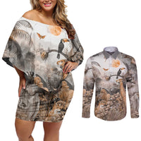 Africa Safari Animals Couples Matching Off Shoulder Short Dress and Long Sleeve Button Shirt - Wonder Print Shop