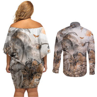 Africa Safari Animals Couples Matching Off Shoulder Short Dress and Long Sleeve Button Shirt - Wonder Print Shop