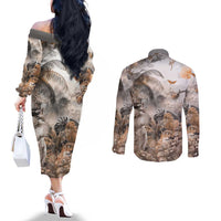 Africa Safari Animals Couples Matching Off The Shoulder Long Sleeve Dress and Long Sleeve Button Shirt