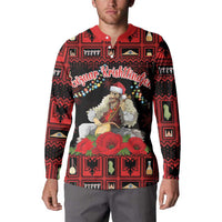 Personalized Albania Christmas Button Sweatshirt Albanian Man Playing Lahuta With Red Poppy - Wonder Print Shop