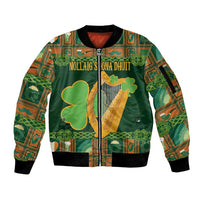 Personalized Ireland Christmas Sleeve Zip Bomber Jacket Irish Harp With Lucky Shamrock - Wonder Print Shop