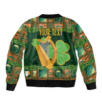 Personalized Ireland Christmas Sleeve Zip Bomber Jacket Irish Harp With Lucky Shamrock - Wonder Print Shop