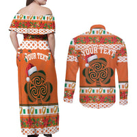 Personalized Ireland Christmas Couples Matching Off Shoulder Maxi Dress and Long Sleeve Button Shirt Irish Shamrock Celtic Nollaig Shona Dhuit - Wonder Print Shop