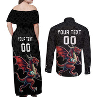 Custom Wales Rugby Couples Matching Off Shoulder Maxi Dress and Long Sleeve Button Shirt Welsh Dragon Mascot Black Version