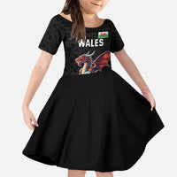 Custom Wales Rugby Family Matching Long Sleeve Bodycon Dress and Hawaiian Shirt Welsh Dragon Mascot Black Version - Wonder Print Shop