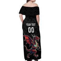 Custom Wales Rugby Off Shoulder Maxi Dress Welsh Dragon Mascot Black Version - Wonder Print Shop