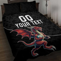 Custom Wales Rugby Quilt Bed Set Welsh Dragon Mascot Black Version - Wonder Print Shop