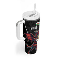 Custom Wales Rugby Tumbler With Handle Welsh Dragon Mascot Black Version - Wonder Print Shop