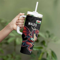 Custom Wales Rugby Tumbler With Handle Welsh Dragon Mascot Black Version - Wonder Print Shop
