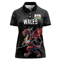 Custom Wales Rugby Women Polo Shirt Welsh Dragon Mascot Black Version - Wonder Print Shop