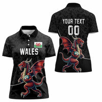 Custom Wales Rugby Women Polo Shirt Welsh Dragon Mascot Black Version - Wonder Print Shop