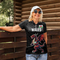Custom Wales Rugby Women Polo Shirt Welsh Dragon Mascot Black Version - Wonder Print Shop