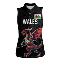 Custom Wales Rugby Women Sleeveless Polo Shirt Welsh Dragon Mascot Black Version - Wonder Print Shop