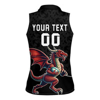 Custom Wales Rugby Women Sleeveless Polo Shirt Welsh Dragon Mascot Black Version - Wonder Print Shop
