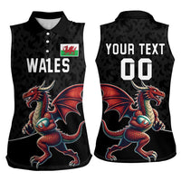 Custom Wales Rugby Women Sleeveless Polo Shirt Welsh Dragon Mascot Black Version - Wonder Print Shop