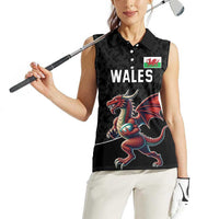 Custom Wales Rugby Women Sleeveless Polo Shirt Welsh Dragon Mascot Black Version - Wonder Print Shop