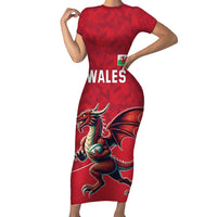 Custom Wales Rugby Short Sleeve Bodycon Dress Welsh Dragon Mascot Red Version - Wonder Print Shop