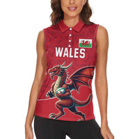 Custom Wales Rugby Women Sleeveless Polo Shirt Welsh Dragon Mascot Red Version - Wonder Print Shop