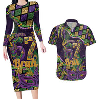 Six Seven Mardi Gras Couples Matching Long Sleeve Bodycon Dress and Hawaiian Shirt 67 Carnival Mask Beads - Wonder Print Shop