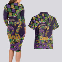 Six Seven Mardi Gras Couples Matching Long Sleeve Bodycon Dress and Hawaiian Shirt 67 Carnival Mask Beads - Wonder Print Shop