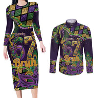 Six Seven Mardi Gras Couples Matching Long Sleeve Bodycon Dress and Long Sleeve Button Shirt 67 Carnival Mask Beads - Wonder Print Shop