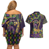 Six Seven Mardi Gras Couples Matching Off Shoulder Short Dress and Hawaiian Shirt 67 Carnival Mask Beads - Wonder Print Shop