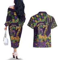 Six Seven Mardi Gras Couples Matching Off The Shoulder Long Sleeve Dress and Hawaiian Shirt 67 Carnival Mask Beads - Wonder Print Shop