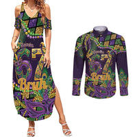 Six Seven Mardi Gras Couples Matching Summer Maxi Dress and Long Sleeve Button Shirt 67 Carnival Mask Beads - Wonder Print Shop