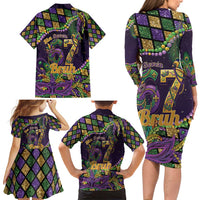 Six Seven Mardi Gras Family Matching Long Sleeve Bodycon Dress and Hawaiian Shirt 67 Carnival Mask Beads - Wonder Print Shop