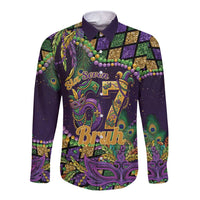 Six Seven Mardi Gras Long Sleeve Button Shirt 67 Carnival Mask Beads - Wonder Print Shop