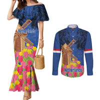 Netherlands Lion Couples Matching Mermaid Dress and Long Sleeve Button Shirt Tulip And Windmill