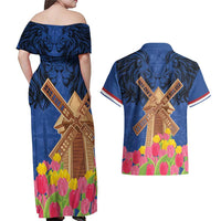 Netherlands Lion Couples Matching Off Shoulder Maxi Dress and Hawaiian Shirt Tulip And Windmill