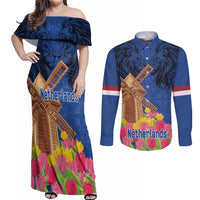 Netherlands Lion Couples Matching Off Shoulder Maxi Dress and Long Sleeve Button Shirt Tulip And Windmill